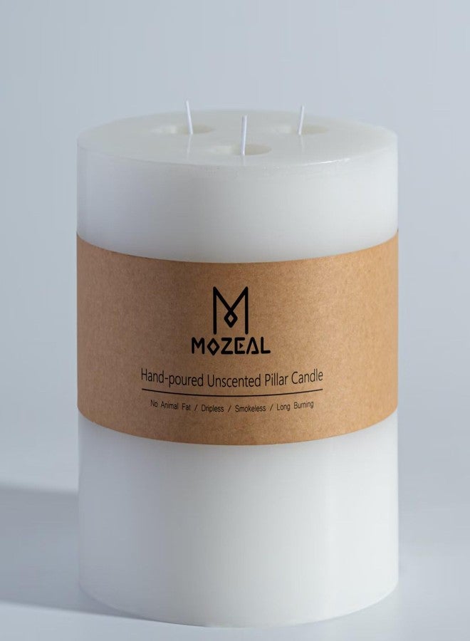 MOZEAL Extra Large 3 Wick White Pillar Candle, 6" x 6", Unscented, Dripless, Smokeless, and Clean-Burning. Approx. 120 Hours of Burn Time. Perfect for Weddings, Dinners, Christmas and Home Decor - Image 1